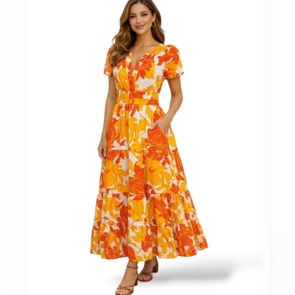 Cynthia Rowley Yellow & Orange Floral Tiered Maxi Dress